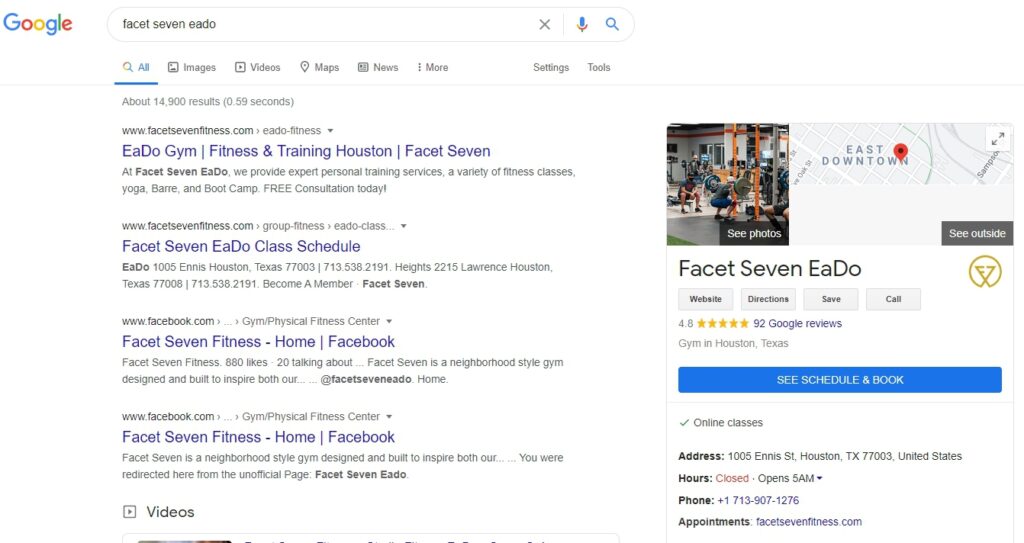 A knowledge panel for Facet Seven fitness