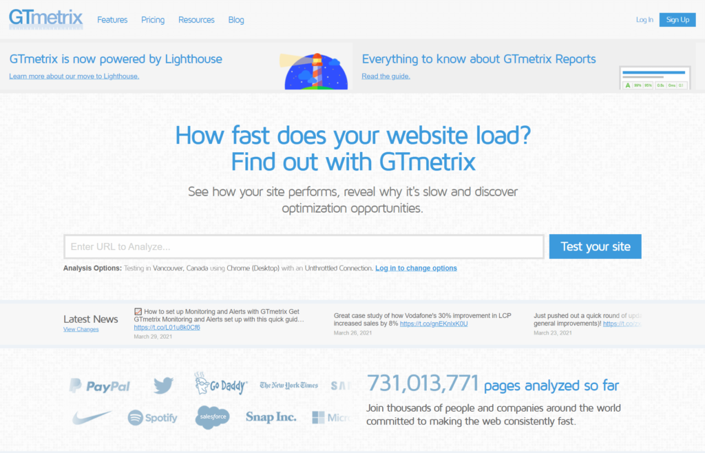 screenshot of GTmetrix speed tester