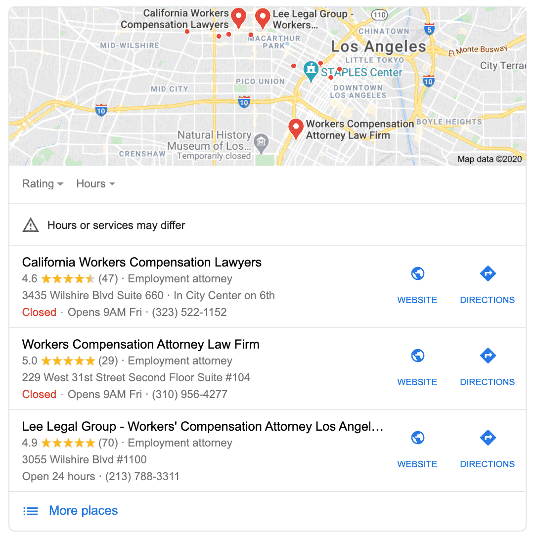 Local search results for workers compensation attorney Los Angeles