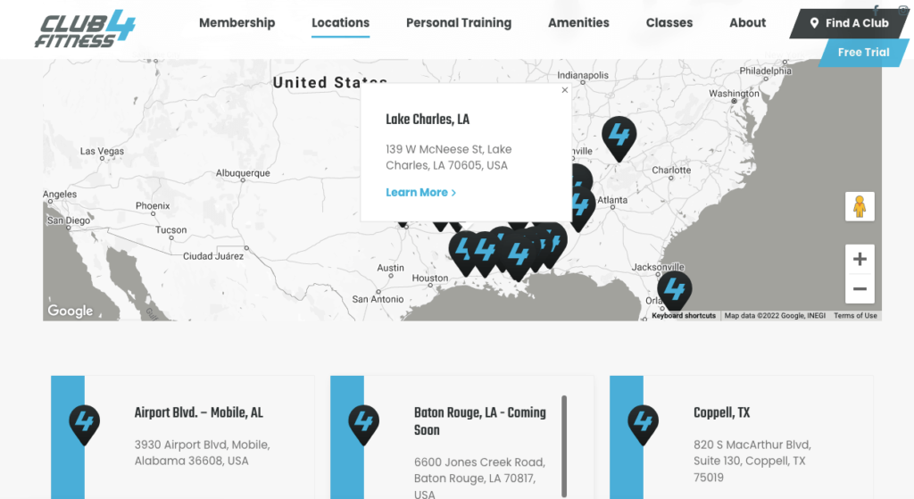 Club4Fitness website map