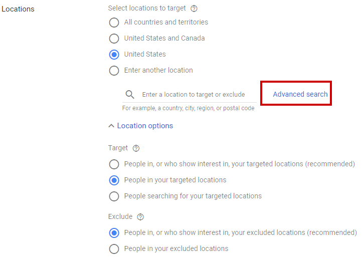 google ads target geography screenshot