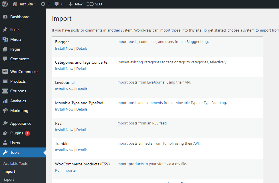 WordPress import screen