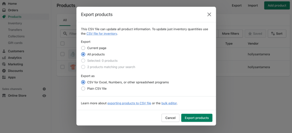 export products screenshot