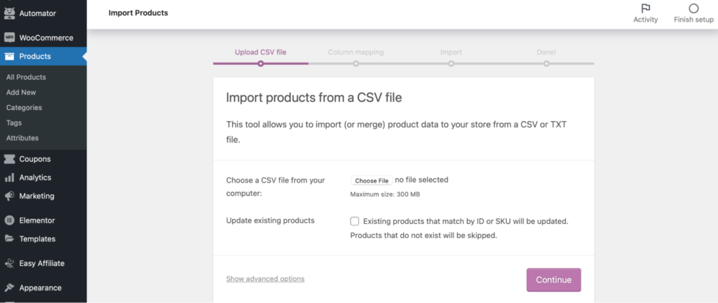 import products from cvs file