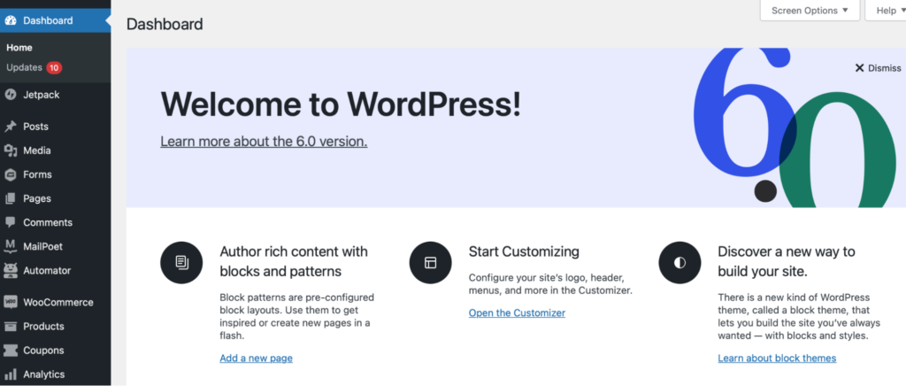 wordpress dashboard