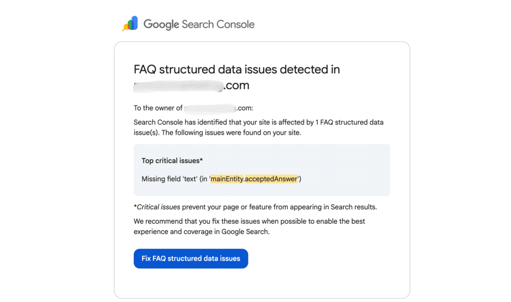 FAQ structured data issue missing text detected by google search console