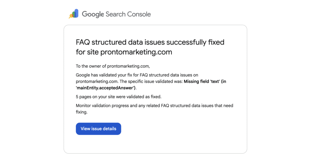 FAQ structured data issue missing text fix validated by google search console