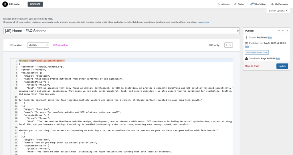 add faqpage json ld script as custom code in elementor