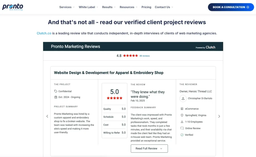 example of verified reviews on testimonials page